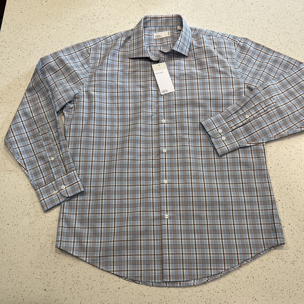 NEW Nordstrom Men's Shop Blue Check Easy care Button Up Trim Fit Shirt Sz 16.5